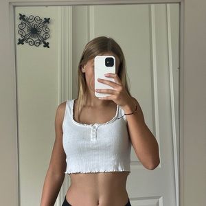 White Buttoned Lettuce Trim Tank Top